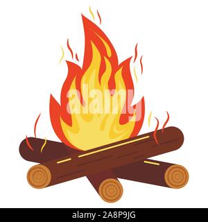 Campfire or bonfire icon vector illustration of burning bonfire with sparks, wood logs isolated on white background. Stock Vector