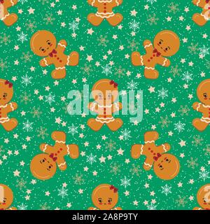 Gingerbread man boy, girl, Christmas seamless pattern with stars, snowflakes on green background. Stock Vector