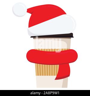 Coffee or tea cup decorated with red christmas santa hat and swathed in scarf isolated white background. Stock Vector