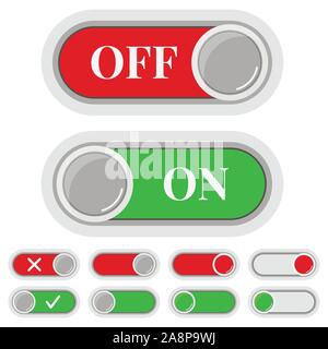 On Off switches sliders red and green icon set isolated on white background. Stock Vector