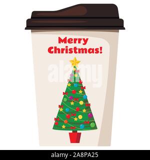 Coffee or tea cup decorated with christmas tree isolated on white background. Stock Vector