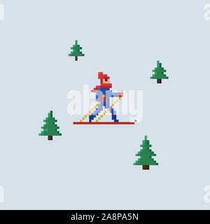 Pixel art vector 8 bit illustration - man in red hat and blue jacket skiing and christmas trees on light blue background Stock Vector