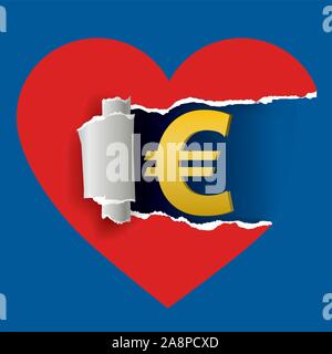 Heart and currency euro sign. Ripped paper heart with currency euro symbol.Love and money concept. Vector available. Stock Vector