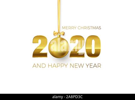 New Year Poster with Greeting Text. Golden Christmas Ball instead of zero in 2020. Holiday Decoration Element for Banner or Invitation. Vector Stock Vector