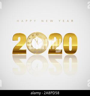New Year Greeting Card. Golden Clock instead of zero in 2020. Holiday Decoration Element for Banner or Invitation. Holiday Midnight Countdown. Vector Stock Vector