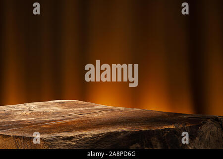 Empty Wooden Table on Dark Background. Backdrop for Product Placement Stock Photo