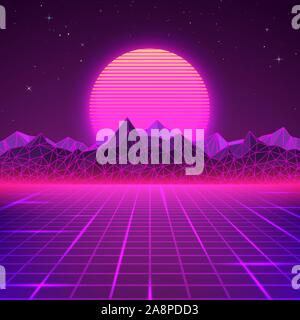 Retro landscape in purple colors. Futuristic planet neon mountains and sunset background. Sci-fi abstract geometric landscape. Vector Stock Vector