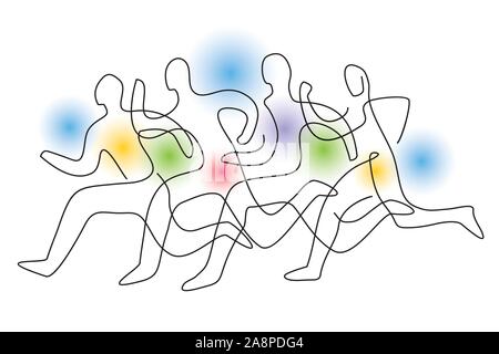 Running race, competition, line art stylized. Colorful lineart stylized illustration of four running racers on gradient abstract background Stock Vector