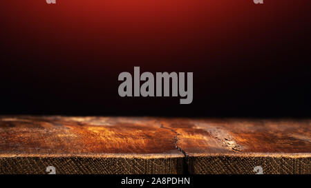 Empty Wooden Table on Dark Red Background. Backdrop for Product Placement Stock Photo