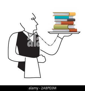 Waiter serving books, sales of books concept. Line art stylized illustration of a waiter or butler serving books on a tray. Vector available. Stock Vector