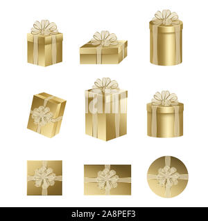 set gold gift boxes with gold bow and ribbon for christmas and birthday decorations Stock Photo