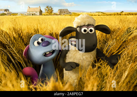 Lu-La the alien puppy voiced by Amalia Vitale and Shaun the sheep voiced by Justin Fletcher from A Shaun the Sheep Movie: Farmageddon (2019) directed by Will Becher and Richard Phelan. Stock Photo