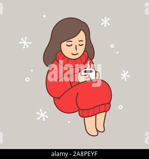 Cozy warm doodle of cute girl in oversized sweater holding cup of hot tea or coffee. Winter holidays time. Simple vector illustration. Stock Vector