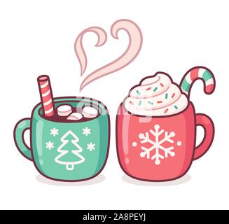 Two Christmas drink cups, hot chocolate or coffee with candy cane, whipped cream and marshmallows. Cute cartoon Christmas greeting card vector illustr Stock Vector