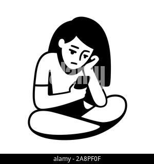 Bored girl resting head on hand and scrolling phone. Black and white simple drawing of sitting teenage girl. Stylized minimal vector illustration. Stock Vector