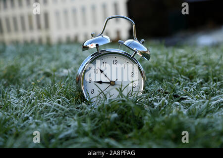 The alarm clock is in the grass covered with frost Stock Photo