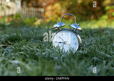 The alarm clock is in the grass covered with frost Stock Photo