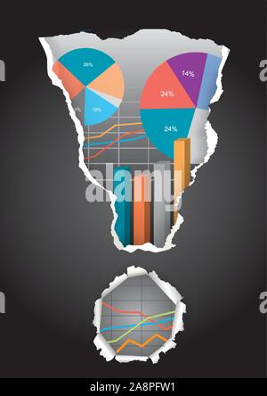 Exclamation mark with Business charts. Expressive Concept for Business presentation with ripped paper. Vector available. Stock Vector