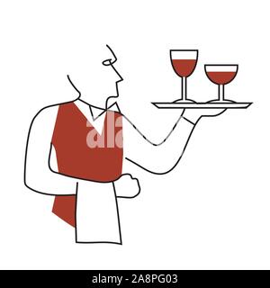 Waiter serving wine, cartoon. Line art stylized illustration of a waiter in red vest serving red wine. Isolated on white background. Vector available. Stock Vector
