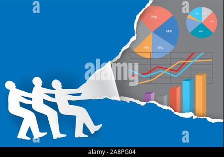 Work team Economic Results presentation. Three male silhouettes ripped blue paper backgroud with economy charts. Vector available. Stock Vector