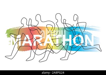 Running race, competition, line art stylized. Colorful lineart stylized illustration of four running racers with inscription MARATHON.Vector available Stock Vector
