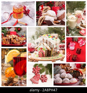 Christmas New Year sweet pastry desserts. Set collection of traditional Christmas holiday sweets. Collage of beautiful festive pictures. Stock Photo