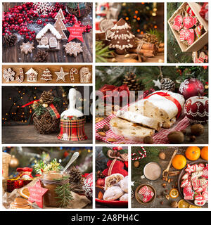 Christmas New Year sweet pastry desserts. Set collection of traditional Christmas holiday sweets. Collage of beautiful festive pictures. Stock Photo