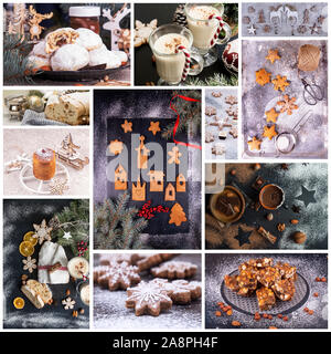 Christmas New Year sweet pastry desserts. Set of traditional Christmas holiday sweets. Collage of beautiful festive pictures. Stock Photo