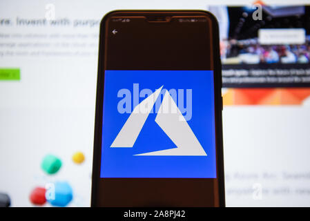 In this photo illustration a Microsoft Azure logo displayed on a smartphone. Stock Photo