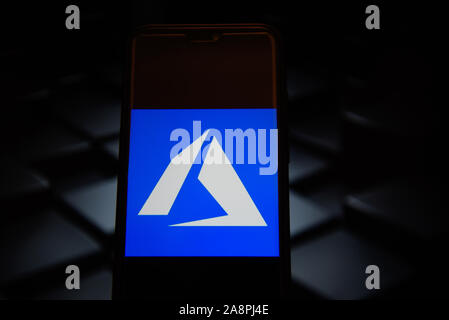 In this photo illustration a Microsoft Azure logo displayed on a smartphone. Stock Photo