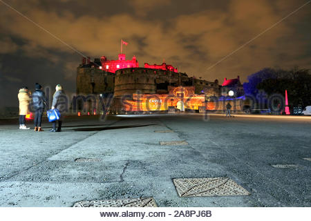 Edinburgh, Scotland, UK. 10th Nov 2019. Edinburgh Castle lit up in poppy red on the 10th and 11th November as part of the Scottish Poppy Appeal Lighting up campaign, with over 120 Scottish landmarks glowing red in support of the Scottish Poppy Appeal. Credit: Craig Brown/Alamy Live News Stock Photo