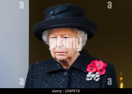 Queen Elizabeth II attends the annual Remembrance Sunday memorial at The Cenotaph, in Whitehall, London. Stock Photo