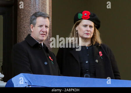 Chris Leslie MP (L) and former Prime Minister Gordon Brown's wife, Sarah Brown (R) attend the annual Remembrance Sunday memorial at The Cenotaph, in Whitehall, London. Stock Photo