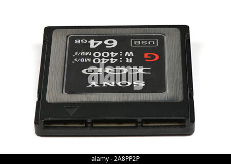 Vinnitsa, Ukraine - November 9, 2019: An editorial stock photo of a studio shot: Modern professional Sony 64 GB XQD Memory Card G Series 400MB/s Memor Stock Photo