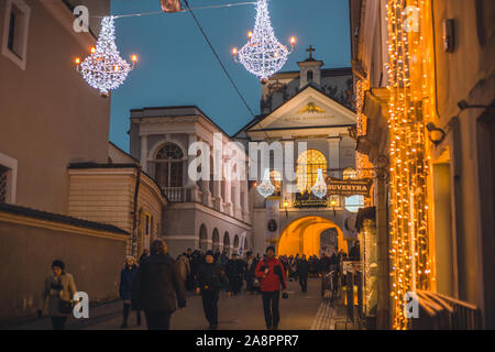 Vilnius, Lithuania - November 17, 2018: The Gate of Dawn or Sharp Gate - Night view Stock Photo