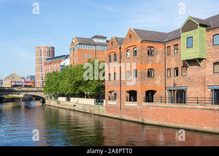 Victoria Bridge and warehouses across River Aire, Leeds, West Yorkshire, England, United Kingdom