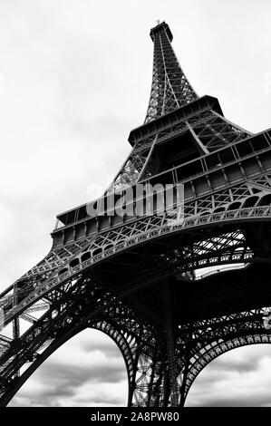 Abstract black and white low angel view of the iconic eifel tower in Paris, France Stock Photo