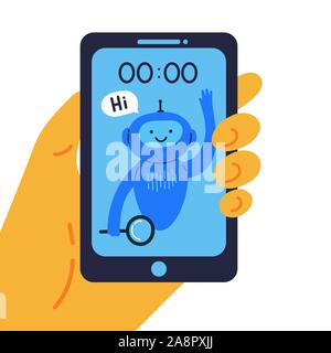 Phone with chat bot in hand that is ready to help  Stock Vector