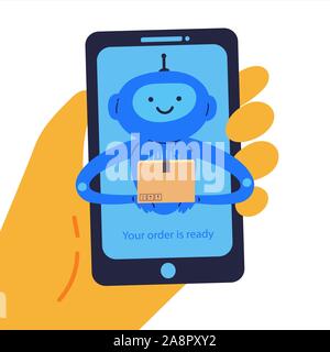 Phone in hand with chat bot with a delivery note Stock Vector