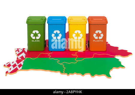 Waste recycling in Belarus. Colored trash cans on the map of Belarus, 3D rendering isolated on white background Stock Photo
