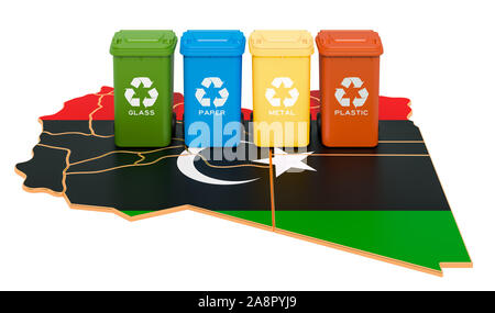 Waste recycling in Libya. Colored trash cans on the map of Libya, 3D rendering isolated on white background Stock Photo