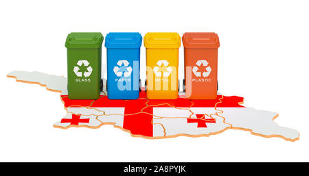 Waste recycling in Georgia. Colored trash cans on the map of Georgia, 3D rendering isolated on white background Stock Photo