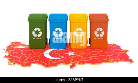 Waste recycling in Turkey. Colored trash cans on the map of Turkey, 3D rendering isolated on white background Stock Photo