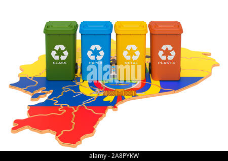 Waste recycling in Venezuela. Colored trash cans on the map of Venezuela, 3D rendering isolated on white background Stock Photo