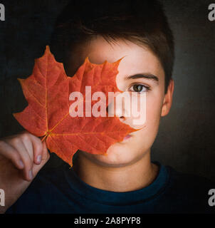 Close up portrait of boy covering half of his face with a maple leaf. Stock Photo
