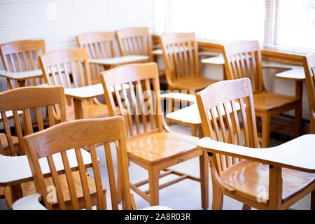 Empty desks in a classroom Stock Photo