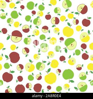 Cute Fresh Red and Yellow Green Apple Seamless Pattern on White Background. Fruit Repeating Texture Stock Vector