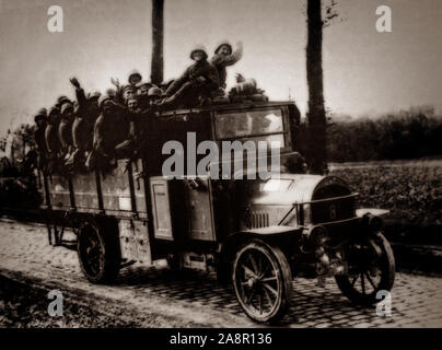 German soldiers moving by truck up to the Somme front line. The Battle of the Somme, also known as the Somme Offensive, was a battle of the First World War fought by the armies of the German Empire against the British Empire and French Third Republic. It took place between 1 July and 18 November 1916 on both sides of the upper reaches of the River Somme in France. Stock Photo