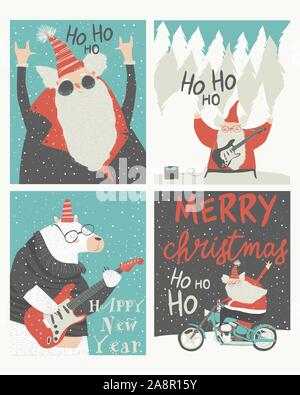 Set of Christmas cards with rock n roll Santa Claus Stock Vector