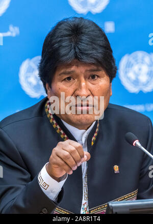 New York, USA,  22 September 2016.  Bolivian President Evo Morales resigned on November 10, 2019 after the military called for him to do so and allies abandoned him following a disputed election. Morales is seen at a press conference while attending the United Nations General Assembly in New York city in 2016.   Credit: Enrique Shore/Alamy Stock Photo Stock Photo